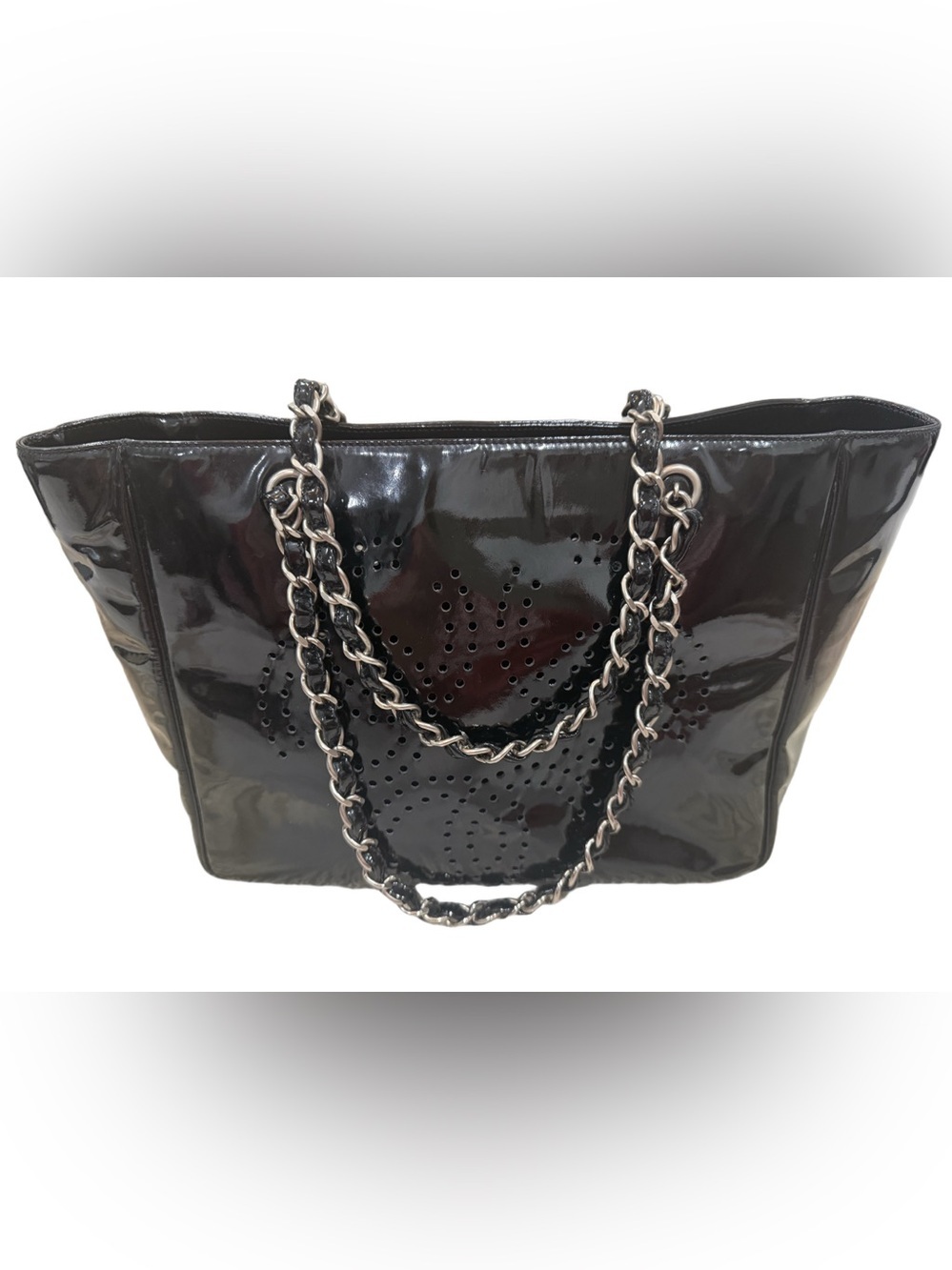 CHANEL Coco Mark Triple Punching Chain Shoulder Bag Tote Patent Leather